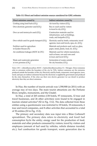 252 Climate Risks, Regional Integration and Sustainability in the Mekong Region
Table 13.1 Direct and indirect emission sources considered for GHG estimates
Direct emissions caused by Indirect emissions caused by
Cooking using fossil fuels (CO2) Air travel by visitors (CO2)
Own electricity generator used (CO2) Bus or coach used by visitors
to travel to city (CO2)
Own car and motorcycle used (CO2) Construction materials used for
infrastructure, such as buildings,
roads, and footpaths (CO2)
Own vehicle used for goods transport (CO2) Electricity used by hotels, restaurants, travel
agencies, tours and travels, spas, etc. (CO2)
Fertilizer used for agriculture
in Garden Houses (N)
Materials and products used, such as, glass,
paper, metal, plastic, food, etc. (CO2)
Air conditioner leakages (HCFC & CFC) Materials used for vehicle manufacture,
such as buses, cars and vans used
in tours and travel (CO2)
Waste and wastewater generation
at own premises (CH4)
Incineration of wastes outside
the city boundary (CO2)
Notes: CFC = chlorofluorocarbon; HCFC = hydrochlorofluorocarbon; N = Nitrogen. Direct emissions
refer to emissions within the boundary of the city by TSPs. Indirect emissions are the emissions
produced outside the boundary of the city. Electricity used by hotels, restaurants, travel agencies, tours,
travel, and spas are indirect emissions because the electricity is supplied by government and produced
by the cities themselves. If the cities use their own electric generator (or use diesel) to produce
electricity then they are direct emissions.
	 In Hue, the number of tourist arrivals was 1,590,900 (in 2011) with an
average stay of two days. The main tourist attractions are: the Perfume
River, temples, monuments, and the Citadel.
	 In Hue, a total of 265 entities (130 hotels, 97 restaurants, 12 tour and
travel businesses, and 26 other activities) were found to be engaged in
tourism related activities4 (S2 in Fig. 13.2). The data collected from these
entities using a questionnaire was restricted to 18 hotels, 18 restaurants, 6
tour and travel companies, and 8 other activities that accounted to a total
of 50 entities (S3 in Fig. 13.2).
	 The primary and secondary data was input into a Bilan Carbone®
spreadsheet. The primary data refers to electricity and fossil fuel
consumption by/in the entity; energy used for the production of food,
materials and other products consumed by visitors; travel by visitors and
employees (amount of fuel used by vehicles, vehicle distance traveled,
etc.); fuel combustion for goods transport, waste generation due to
 