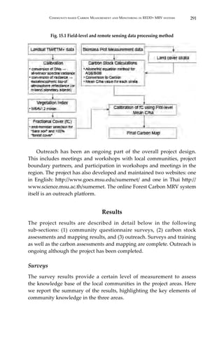 291Community-based Carbon Measurement and Monitoring in REDD+ MRV systems
Fig. 15.1 Field-level and remote sensing data processing method
	 Outreach has been an ongoing part of the overall project design.
This includes meetings and workshops with local communities, project
boundary partners, and participation in workshops and meetings in the
region. The project has also developed and maintained two websites: one
in English: http://www.goes.msu.edu/sumernet/ and one in Thai http://
www.science.msu.ac.th/sumernet. The online Forest Carbon MRV system
itself is an outreach platform.
Results
The project results are described in detail below in the following
sub-sections: (1) community questionnaire surveys, (2) carbon stock
assessments and mapping results, and (3) outreach. Surveys and training
as well as the carbon assessments and mapping are complete. Outreach is
ongoing although the project has been completed.
Surveys
The survey results provide a certain level of measurement to assess
the knowledge base of the local communities in the project areas. Here
we report the summary of the results, highlighting the key elements of
community knowledge in the three areas.
 