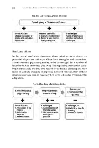 318 Climate Risks, Regional Integration and Sustainability in the Mekong Region
Fig. 16.3 Dai Thang adaptation priorities
Ban Long village
In the overall workshop discussion three priorities were viewed as
potential adaptation pathways. Given local strengths and constraints,
a semi-intensive pig raising facility, to be co-managed by a number of
households, was prioritized (Fig. 16.4). The pig raising intervention could
begin immediately and buy time needed for additional planning and raise
funds to facilitate changing to improved rice seed varieties. Both of these
interventions were seen as necessary first steps to broader environmental
adaptation.
Fig. 16.4 Ban Long adaptation priorities
 