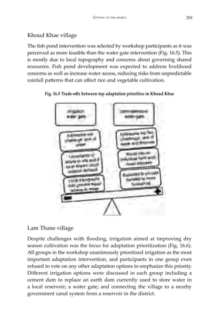 319Getting to the source
Khoud Khae village
The fish pond intervention was selected by workshop participants as it was
perceived as more feasible than the water gate intervention (Fig. 16.5). This
is mostly due to local topography and concerns about governing shared
resources. Fish pond development was expected to address livelihood
concerns as well as increase water access, reducing risks from unpredictable
rainfall patterns that can affect rice and vegetable cultivation.
Fig. 16.5 Trade-offs between top adaptation priorities in Khoud Khae
Lam Thane village
Despite challenges with flooding, irrigation aimed at improving dry
season cultivation was the focus for adaptation prioritization (Fig. 16.6).
All groups in the workshop unanimously prioritized irrigation as the most
important adaptation intervention, and participants in one group even
refused to vote on any other adaptation options to emphasize this priority.
Different irrigation options were discussed in each group including a
cement dam to replace an earth dam currently used to store water in
a local reservoir; a water gate; and connecting the village to a nearby
government canal system from a reservoir in the district.
 
