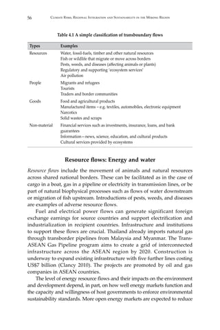 56 Climate Risks, Regional Integration and Sustainability in the Mekong Region
Table 4.1 A simple classification of transboundary flows
Types Examples
Resources Water, fossil-fuels, timber and other natural resources
Fish or wildlife that migrate or move across borders
Pests, weeds, and diseases (affecting animals or plants)
Regulatory and supporting ‘ecosystem services’
Air pollution
People Migrants and refugees
Tourists
Traders and border communities
Goods Food and agricultural products
Manufactured items – e.g. textiles, automobiles, electronic equipment
Narcotics
Solid wastes and scraps
Non-material Financial services such as investments, insurance, loans, and bank
guarantees
Information—news, science, education, and cultural products
Cultural services provided by ecosystems
Resource flows: Energy and water
Resource flows include the movement of animals and natural resources
across shared national borders. These can be facilitated as in the case of
cargo in a boat, gas in a pipeline or electricity in transmission lines, or be
part of natural biophysical processes such as flows of water downstream
or migration of fish upstream. Introductions of pests, weeds, and diseases
are examples of adverse resource flows.
	 Fuel and electrical power flows can generate significant foreign
exchange earnings for source countries and support electrification and
industrialization in recipient countries. Infrastructure and institutions
to support these flows are crucial. Thailand already imports natural gas
through transborder pipelines from Malaysia and Myanmar. The Trans-
ASEAN Gas Pipeline program aims to create a grid of interconnected
infrastructure across the ASEAN region by 2020. Construction is
underway to expand existing infrastructure with five further lines costing
US$7 billion (Clancy 2010). The projects are promoted by oil and gas
companies in ASEAN countries.
	 The level of energy resource flows and their impacts on the environment
and development depend, in part, on how well energy markets function and
the capacity and willingness of host governments to enforce environmental
sustainability standards. More open energy markets are expected to reduce
 