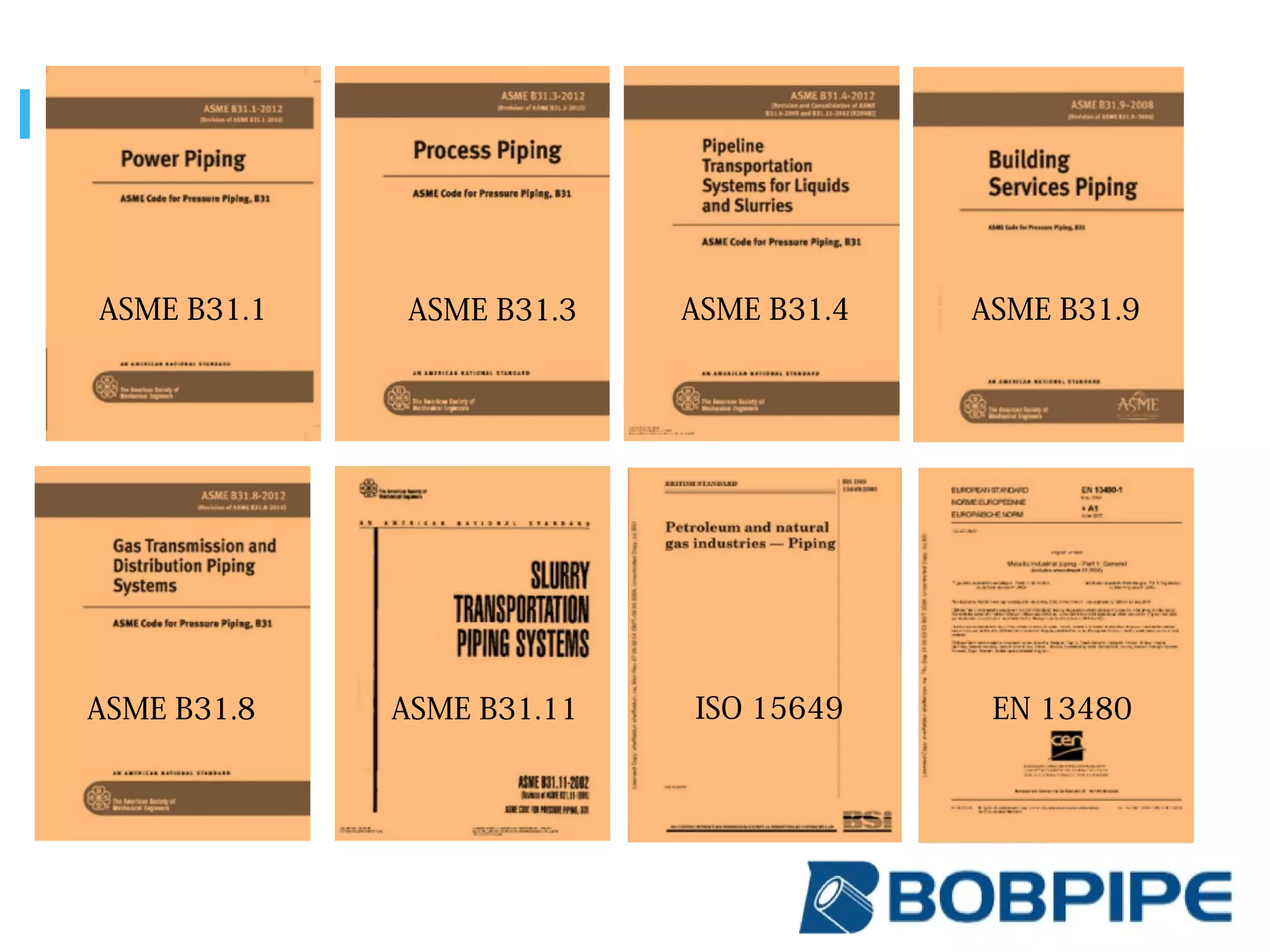 ASME B31.8
ASME B31.3ASME B31.1 ASME B31.9
ASME B31.11
ASME B31.4
ISO 15649 EN 13480
 