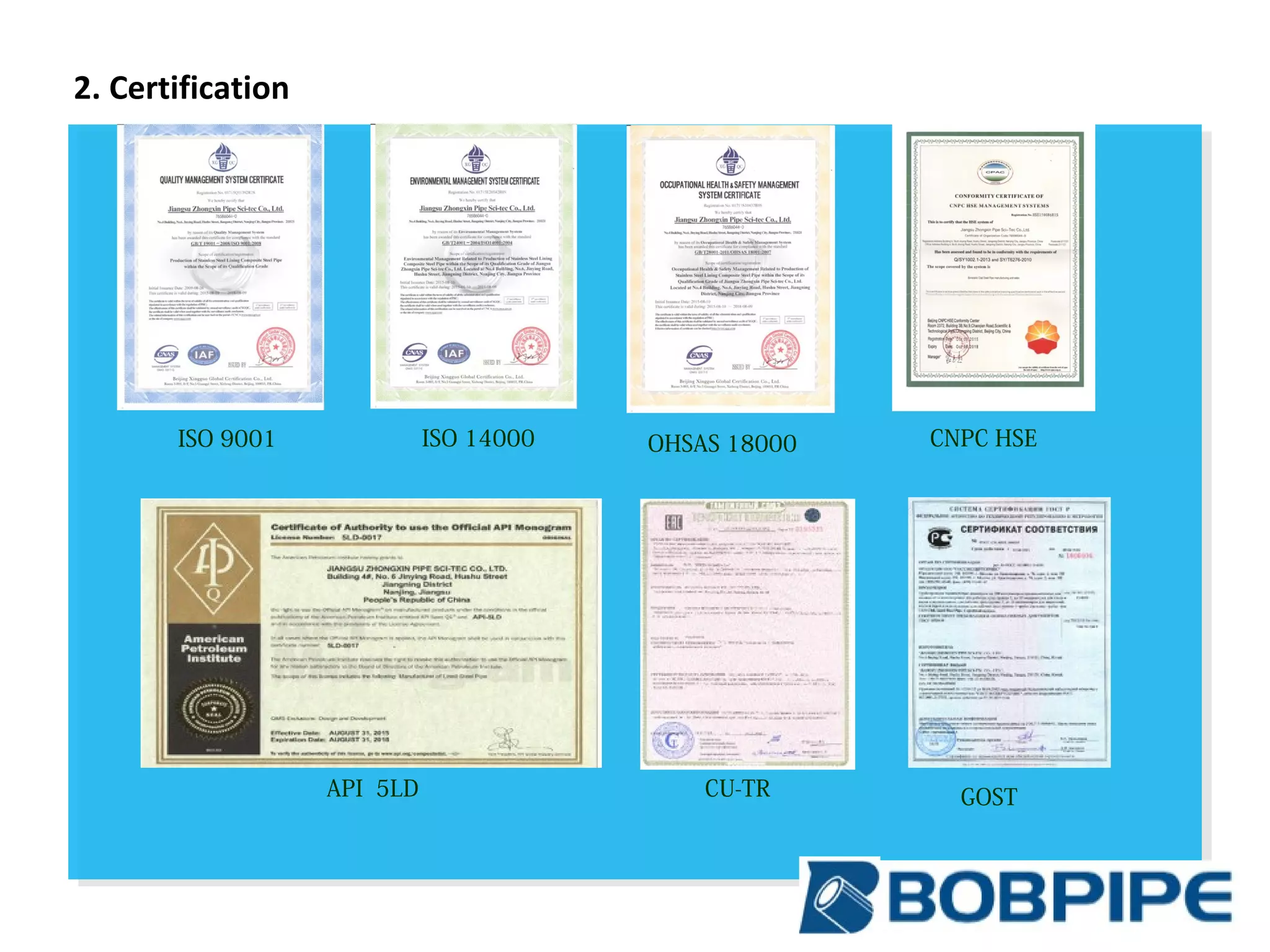 2. Certification
ISO 9001 OHSAS 18000ISO 14000
API 5LD CU-TR GOST
CNPC HSE
 