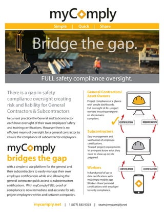 Bridge the gap.
There is a gap in safety
compliance oversight creating
risk and liability for General
Contractors & Subcontractors
In current practice the General and Subcontractor
each have oversight of their own employees’safety
and training certifications. However there is no
efficient means of oversight for a general contractor to
ensure the compliance of subcontractor employees.
bridges the gap
with a simple to use platform for the general and
their subcontractors to easily manage their own
employee certifications while also allowing the
general contractor quick access to subcontractors
certifications. With myComply FULL proof of
compliance is now immediate and accurate for ALL
project employees within and between companies.
Simple | Quick | Share
General Contractors/
Asset Owners
Project compliance at a glance
with simple dashboards.
Full oversight of ALL project
workers ensuring everyone
on site remains
compliant.
Subcontractors
Easy management and
verification of employee
certifications.
‘Shared’project requirements
let everyone know what they
need to show up on site
prepared.
Workers
In hand proof of up to
date certifications with
myComply mobile app.
Workers‘share’personal
certifications with employer
to verify compliance.
REQUIREMENTS
CERTIFICATIONCERTIFICATION
CERTIFICATION
mycomply.net | 1 (877) 583 9393 | team@mycomply.net
FULL safety compliance oversight.
 