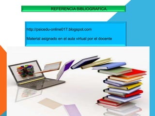 REFERENCIA BIBLIOGRAFICA.
http://psicedu-online017.blogspot.com
Material asignado en el aula virtual por el docente
 