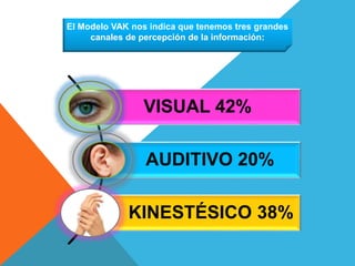 VISUAL 42%
AUDITIVO 20%
KINESTÉSICO 38%
El Modelo VAK nos indica que tenemos tres grandes
canales de percepción de la información:
 