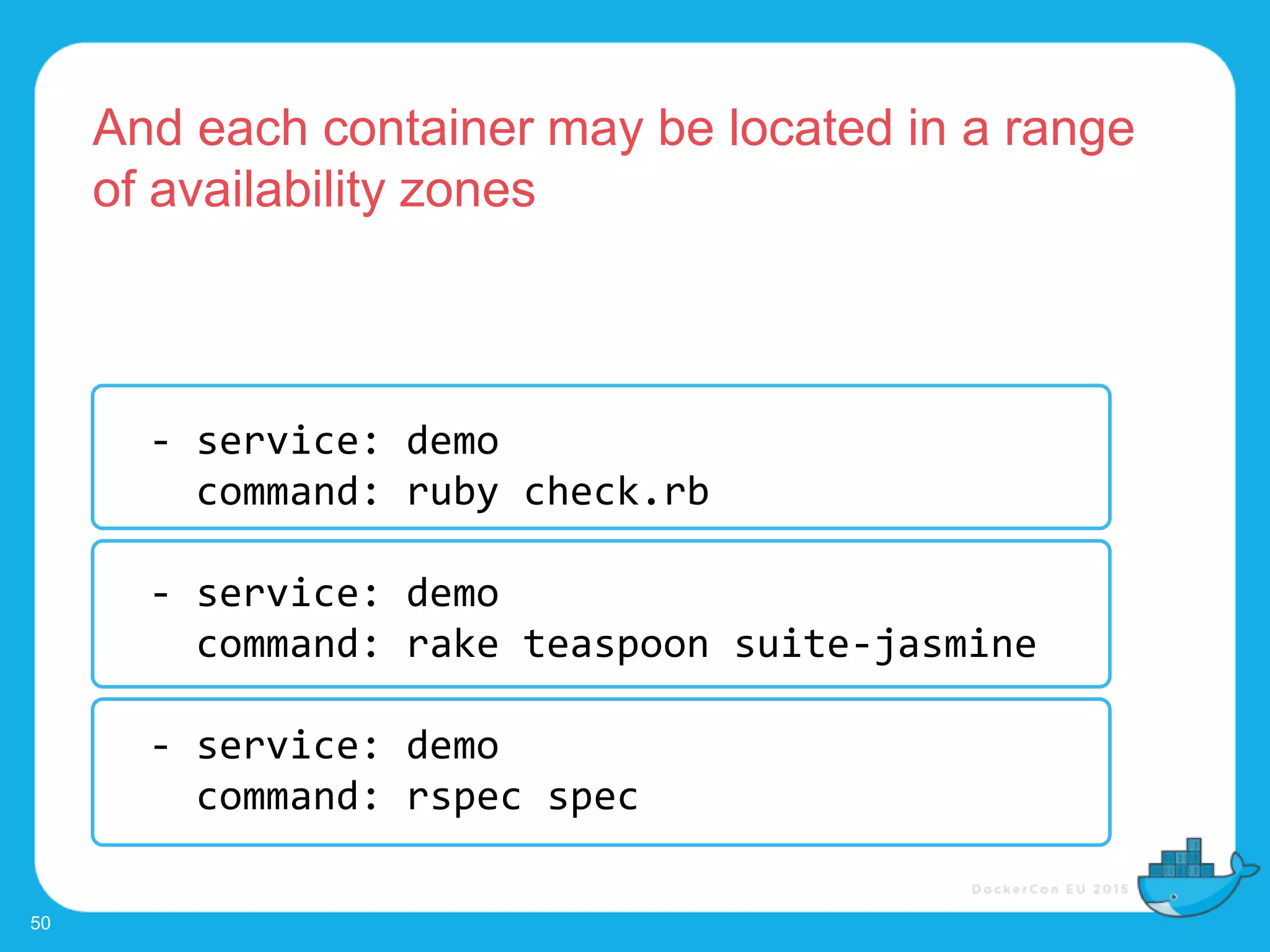 - service: demo
command: ruby check.rb
- service: demo
command: rake teaspoon suite-jasmine
- service: demo
command: rspec spec
And each container may be located in a range
of availability zones
50
 
