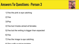1)Yes the pink is eye catching
2)Yes
3)Pop
4)Yes but it looks aimed at females
5)Yes but the writing is bigger than expected
6)Yes
7)Yes the image is eye catching
Answers To Questions - Person 3
 