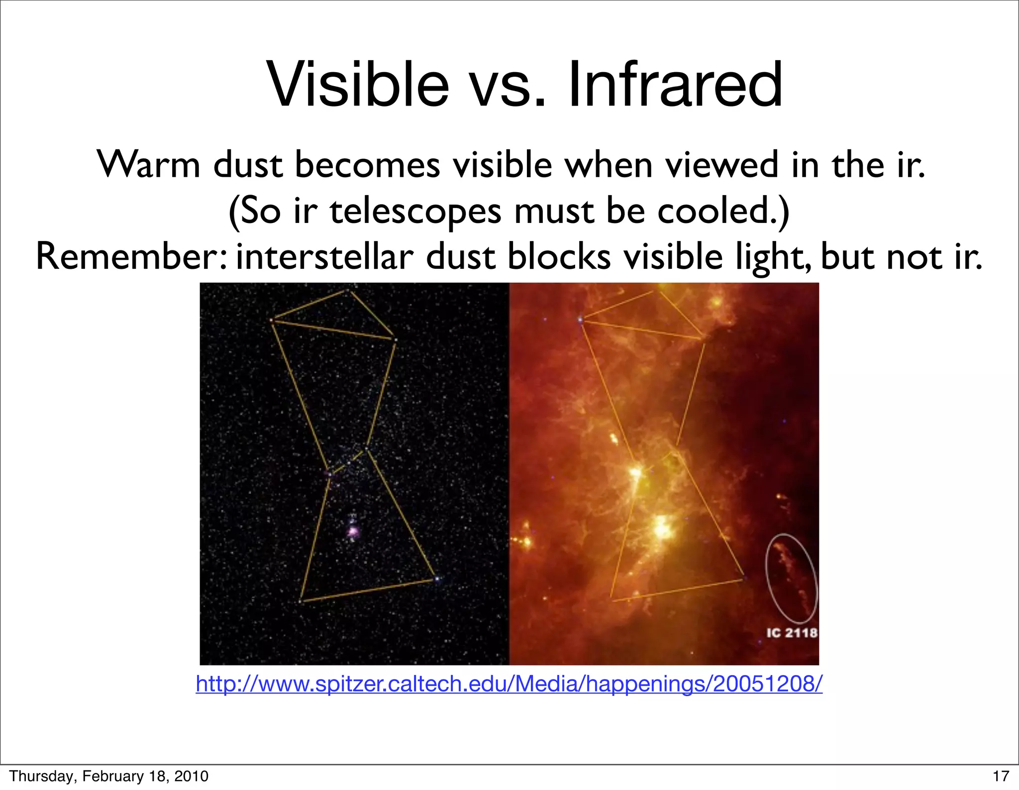 Visible vs. Infrared
      Warm dust becomes visible when viewed in the ir.
            (So ir telescopes must be cooled.)
   Remember: interstellar dust blocks visible light, but not ir.




                         http://www.spitzer.caltech.edu/Media/happenings/20051208/


Thursday, February 18, 2010                                                          17
 