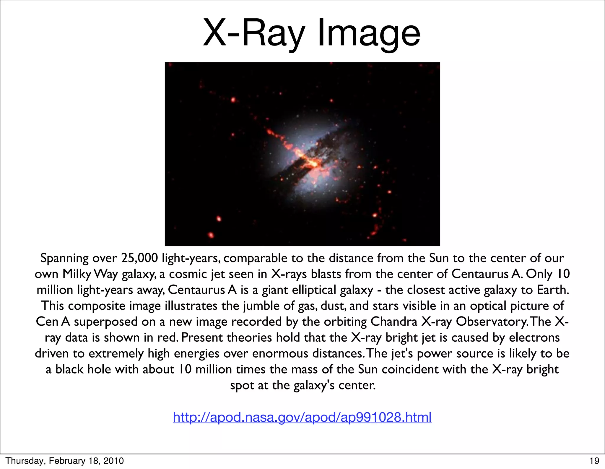 X-Ray Image




       Spanning over 25,000 light-years, comparable to the distance from the Sun to the center of our
      own Milky Way galaxy, a cosmic jet seen in X-rays blasts from the center of Centaurus A. Only 10
      million light-years away, Centaurus A is a giant elliptical galaxy - the closest active galaxy to Earth.
       This composite image illustrates the jumble of gas, dust, and stars visible in an optical picture of
      Cen A superposed on a new image recorded by the orbiting Chandra X-ray Observatory. The X-
        ray data is shown in red. Present theories hold that the X-ray bright jet is caused by electrons
      driven to extremely high energies over enormous distances. The jet's power source is likely to be
        a black hole with about 10 million times the mass of the Sun coincident with the X-ray bright
                                           spot at the galaxy's center.

                                http://apod.nasa.gov/apod/ap991028.html


Thursday, February 18, 2010                                                                                      19
 