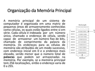 Organizaçãoda MemóriaPrincipal 
Amemóriaprincipaldeumsistemadecomputadoréorganizadaemumamatrizdepequenasáreasdearmazenamentoconhecidascomocélulas,osquaisestãoligadosentresiemsérie.Cadacélulaéindexadaporumnúmeroúnico,chamadooendereçodecélula,sendocapazdearmazenarumnúmerofixodebits, chamadodecomprimentodapalavradamemória.Osendereçosparaascélulasdememóriasãoatribuídosdeummodosucessivo, comendereçoinicialem0eoendereçomaiselevado,sendomenorqueonúmerototaldepalavrasquepodemserarmazenadasnamemória.Porexemplo,seamemóriaprincipaltem256localizações,entãooendereçovariade0a255.  