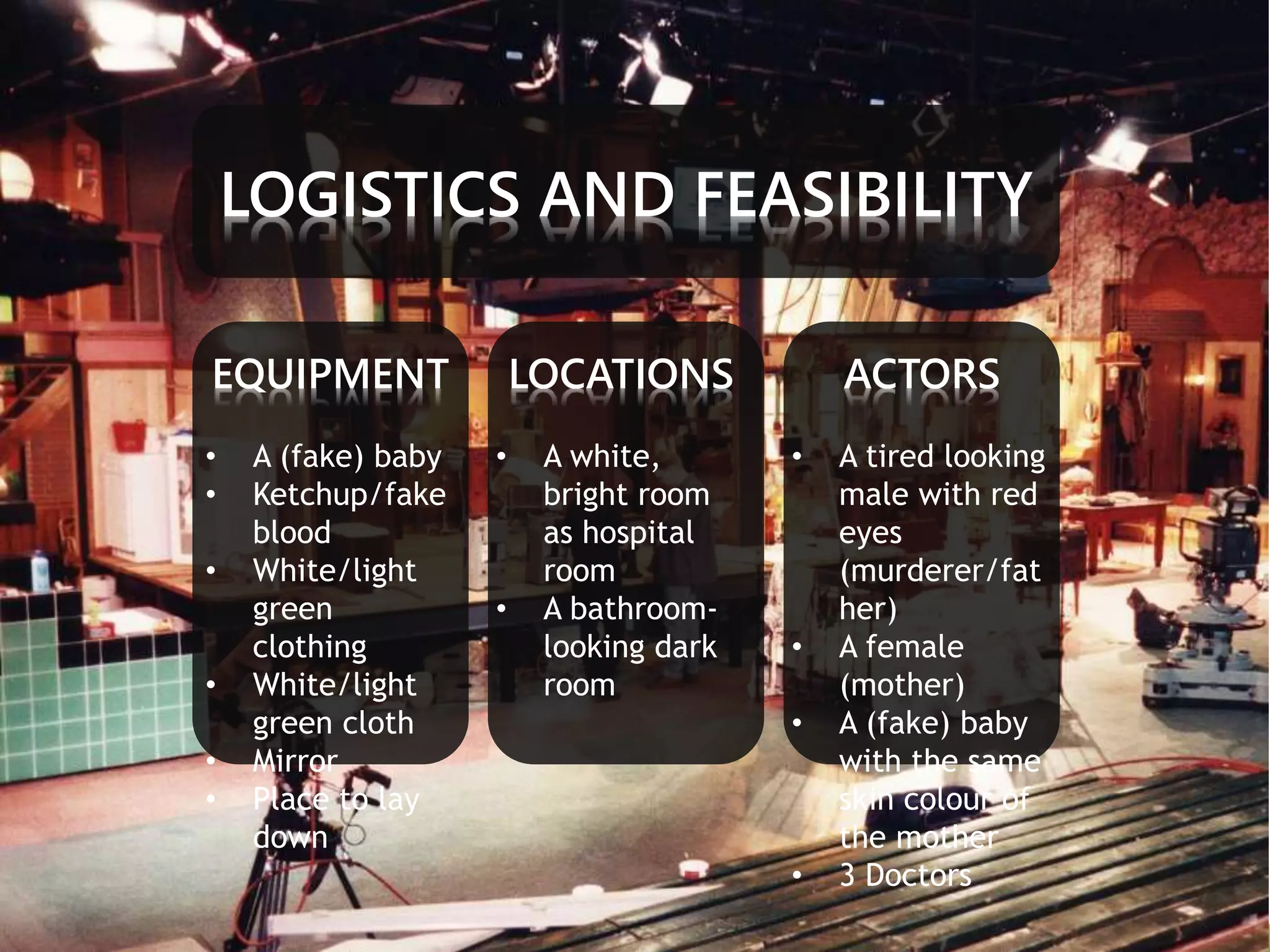 LOGISTICS AND FEASIBILITY 
EQUIPMENT 
• A (fake) baby 
• Ketchup/fake 
blood 
• White/light 
green 
clothing 
• White/light 
green cloth 
• Mirror 
• Place to lay 
down 
LOCATIONS 
• A white, 
bright room 
as hospital 
room 
• A bathroom-looking 
dark 
room 
ACTORS 
• A tired looking 
male with red 
eyes 
(murderer/fat 
her) 
• A female 
(mother) 
• A (fake) baby 
with the same 
skin colour of 
the mother 
• 3 Doctors 
 