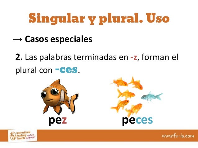 Singular y plural. Uso 
→ Casos especiales 
2. Las palabras terminadas en -z, forman el 
plural con -ces. 
pez peces