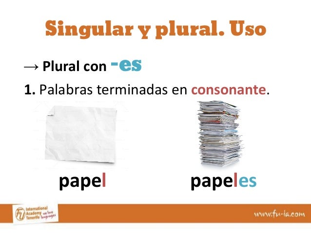 Singular y plural. Uso 
→ Plural con -es 
1. Palabras terminadas en consonante. 
papel papeles