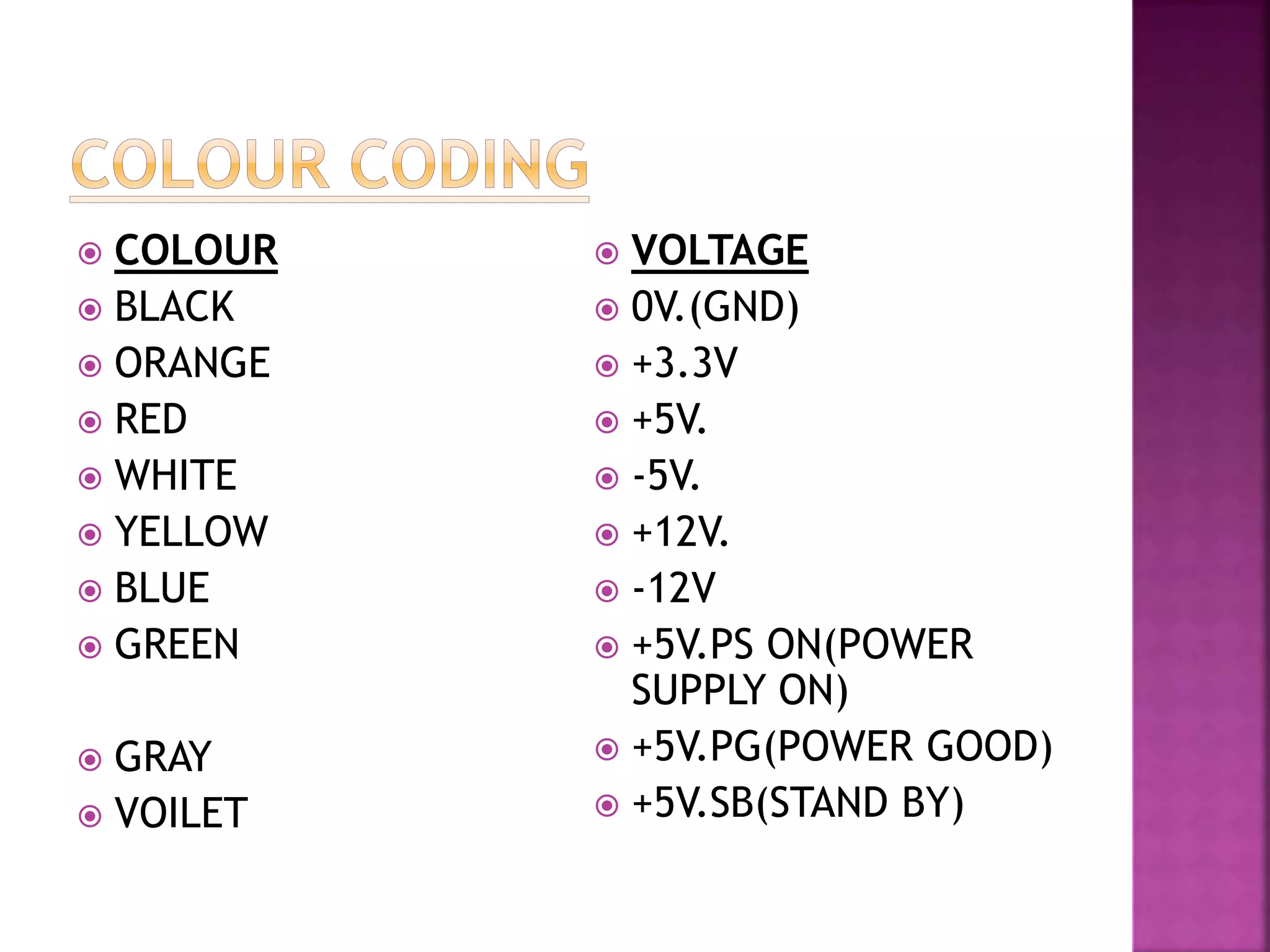  COLOUR 
 BLACK 
 ORANGE 
 RED 
 WHITE 
 YELLOW 
 BLUE 
 GREEN 
 GRAY 
 VOILET 
 VOLTAGE 
 0V.(GND) 
 +3.3V 
 +5V. 
 -5V. 
 +12V. 
 -12V 
 +5V.PS ON(POWER 
SUPPLY ON) 
 +5V.PG(POWER GOOD) 
 +5V.SB(STAND BY) 
 