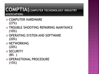  COMPUTER HARDWARE 
(27%) 
 TROUBLE SHOOTING REPAIRING MAINTANCE 
(10%) 
 OPERATING SYSTEM AND SOFTWARE 
(20%) 
 NETWORKING 
(20%) 
 SECURITY 
(8% ) 
 OPERASTIONAL PROCEDURE 
(15%) 
 
