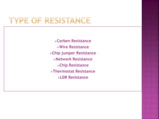 Corben Resistance 
Wire Resistance 
Chip jumper Resistance 
Network Resistance 
Chip Resistance 
Thermostat Resistance 
LDR Resistance 
 