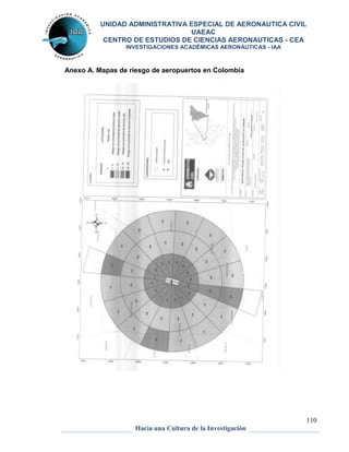 UNIDAD ADMINISTRATIVA ESPECIAL DE AERONAUTICA CIVIL 
UAEAC 
CENTRO DE ESTUDIOS DE CIENCIAS AERONAUTICAS - CEA 
INVESTIGACIONES ACADÉMICAS AERONÁUTICAS - IAA 
110 
Anexo A. Mapas de riesgo de aeropuertos en Colombia 
Hacia una Cultura de la Investigación 
 