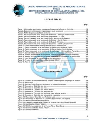 UNIDAD ADMINISTRATIVA ESPECIAL DE AERONAUTICA CIVIL 
UAEAC 
CENTRO DE ESTUDIOS DE CIENCIAS AERONAUTICAS - CEA 
INVESTIGACIONES ACADÉMICAS AERONÁUTICAS - IAA 
4 
LISTA DE TABLAS 
Hacia una Cultura de la Investigación 
pág. 
Tabla 1. Información aeropuertos expuestos al peligro de la fauna en Colombia ........................... 32 
Tabla 2. Especies registradas en impactos para cada aeropuerto .................................................. 35 
Tabla 3. Matriz de peligrosidad de la avifauna ................................................................................. 38 
Tabla 4. Fauna observada en el aeropuerto de Arauca – Santiago Pérez Quiroz ........................... 39 
Tabla 5. Fauna observada en el aeropuerto de Armenia – El Edén ................................................ 39 
Tabla 6. Fauna observada en el aeropuerto de Bucaramanga - Palonegro .................................... 40 
Tabla 7. Fauna observada en el aeropuerto de Cúcuta - Camilo Daza ........................................... 40 
Tabla 8. Fauna observada en el aeropuerto de Ibagué - Perales .................................................... 40 
Tabla 9. Fauna observada en el aeropuerto de Leticia – Alfredo Vásquez Cobo ............................ 41 
Tabla 10 Fauna observada en el aeropuerto de Neiva – Benito Salas ............................................ 41 
Tabla 11. Fauna observada en el aeropuerto de Riohacha – Almirante Padilla .............................. 41 
Tabla 12. Fauna observada en el aeropuerto de Santa Marta – Simón Bolívar .............................. 42 
Tabla 13. Fauna observada en el aeropuerto de Valledupar – Alfonso López Pumarejo ................ 42 
Tabla 14. Características de especies observadas en aeropuertos colombianos .......................... 43 
Tabla 15. Método recomendado de dispersión para especies registradas en incidentes ................ 64 
Tabla 16. Método recomendado de dispersión para especies observadas en aeropuertos ............ 69 
Tabla 17. Lista de bandas de frecuencias de uso aeronáutico. ....................................................... 87 
Tabla 18. Precios de componentes necesarios para el UAV. ......................................................... 92 
Tabla 19. Plan de trabajo ................................................................................................................ 101 
LISTA DE FIGURAS 
pág. 
Figura 1. Esquema de funcionamiento del sistema para mitigación del peligro de la fauna ............ 18 
Figura 2. Metodología ....................................................................................................................... 19 
Figura 3. Aeronave rodando en un aeropuerto en presencia de aves. ............................................ 21 
Figura 4. Reportes en Colombia por año .......................................................................................... 24 
Figura 5. Reportes en Colombia por mes ......................................................................................... 25 
Figura 6. Reportes en Colombia por tiempo del día ......................................................................... 25 
Figura 7. Reportes en Colombia por fase de vuelo .......................................................................... 26 
Figura 8. Reportes en Colombia por altitud de vuelo sobre el terreno ............................................. 27 
Figura 9. Reportes en Colombia por componente impactado .......................................................... 28 
Figura 10. Reportes en Colombia por efecto de vuelo ..................................................................... 29 
Figura 11. Porcentaje de Reportes en Colombia de incidentes por especie .................................... 30 
Figura 12. Histórico impacto en aeropuertos .................................................................................... 34 
Figura 13. Presencia de aves en el periodo de pruebas del FALCO ROBOT GBRS ...................... 77 
Figura 14. UAV FALCO ROBOT GBRS ........................................................................................... 78 
Figura 15. UAV Horus, desarrollo de la Fuerza Aérea Colombiana ................................................. 79 
Figura 16. Radar aviar Robin lite 3D FMCW .................................................................................... 79 
Figura 17. Radar aviar Merlin............................................................................................................ 80 
 
