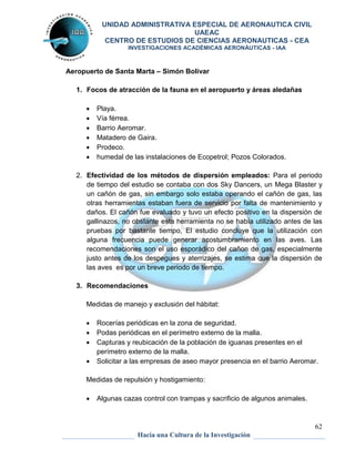 UNIDAD ADMINISTRATIVA ESPECIAL DE AERONAUTICA CIVIL 
UAEAC 
CENTRO DE ESTUDIOS DE CIENCIAS AERONAUTICAS - CEA 
INVESTIGACIONES ACADÉMICAS AERONÁUTICAS - IAA 
2. Efectividad de los métodos de dispersión empleados: Para el periodo 
de tiempo del estudio se contaba con dos Sky Dancers, un Mega Blaster y 
un cañón de gas, sin embargo solo estaba operando el cañón de gas, las 
otras herramientas estaban fuera de servicio por falta de mantenimiento y 
daños. El cañón fue evaluado y tuvo un efecto positivo en la dispersión de 
gallinazos, no obstante esta herramienta no se había utilizado antes de las 
pruebas por bastante tiempo, El estudio concluye que la utilización con 
alguna frecuencia puede generar acostumbramiento en las aves. Las 
recomendaciones son el uso esporádico del cañon de gas, especialmente 
justo antes de los despegues y aterrizajes, se estima que la dispersión de 
las aves es por un breve periodo de tiempo. 
 Solicitar a las empresas de aseo mayor presencia en el barrio Aeromar. 
62 
Aeropuerto de Santa Marta – Simón Bolívar 
1. Focos de atracción de la fauna en el aeropuerto y áreas aledañas 
 Playa. 
 Vía férrea. 
 Barrio Aeromar. 
 Matadero de Gaira. 
 Prodeco. 
 humedal de las instalaciones de Ecopetrol; Pozos Colorados. 
3. Recomendaciones 
Medidas de manejo y exclusión del hábitat: 
 Rocerías periódicas en la zona de seguridad. 
 Podas periódicas en el perímetro externo de la malla. 
 Capturas y reubicación de la población de iguanas presentes en el 
perímetro externo de la malla. 
Medidas de repulsión y hostigamiento: 
 Algunas cazas control con trampas y sacrificio de algunos animales. 
Hacia una Cultura de la Investigación 
 
