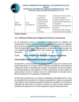 UNIDAD ADMINISTRATIVA ESPECIAL DE AERONAUTICA CIVIL 
UAEAC 
CENTRO DE ESTUDIOS DE CIENCIAS AERONAUTICAS - CEA 
INVESTIGACIONES ACADÉMICAS AERONÁUTICAS - IAA 
76 
Hacia una Cultura de la Investigación 
Milano 
Mississippi 
Ictinia 
mississippiensis 
1. Pirotécnicos. 
2. Aeronaves 
radiocontroladas. 
3. Sonidos fuertes. 
4. Grabaciones. 
5. Espantapájaros. 
6. Repelente químico 
táctil. 
7. Cetrería. 
1. Remover animales muertos. 
2. Control de roedores. 
3. Remover árboles muertos. 
4. Restringir sitios de percha en 
el aeropuerto. 
5. Administrar adecuadamente 
basureros. 
6. Evitar volar sobre térmicas. 
7. Drenaje de zonas inundadas. 
Fuente: Autores 
3.1.4. Sistemas similares para mitigación de la fauna en aeropuertos 
Es de importancia conocer el desarrollo e implementación de sistemas con 
características similares al que se plantea en el proyecto. El sistema de mitigación 
de la fauna se puede dividir en dos, el desarrollo e implementación de un UAV con 
fines de dispersión de fauna en aeropuertos y el desarrollo e implementación de 
una plataforma para detección de vida silvestre en las inmediaciones del 
aeropuerto. 
3.1.4.1. UAV con misiones de dispersión de fauna en aeropuertos 
FALCO ROBOT GBRS (Gregarious Birds Removal System) 
El desarrollo y comercialización del dispositivo esta a cargo de la empresa bird 
raptor international. Es un robot volador controlado remotamente, tiene geometría 
y apariencia similar a depredadores naturales. El dispositivo simula los métodos 
de cacería utilizado por aves rapaces en vuelo. Puede operar una sola unidad o se 
puede utilizar más de un modelo a la vez. Su mantenimiento es de bajo costo y 
tiene la facilidad de ser transportado cómodamente. 
El UAV está construido por una mezcla de materiales compuestos livianos, como 
por ejemplo la fibra de carbono. El sistema de propulsión lo compone un pequeño 
motor eléctrico tipo brushless alimentado por baterías recargables, el UAV tiene la 
capacidad de volar hasta 30 minutos, el tiempo de vuelo se logra mediante la 
operación del dispositivo con el motor apagado por algunos lapsos de tiempo. 
 