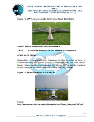 UNIDAD ADMINISTRATIVA ESPECIAL DE AERONAUTICA CIVIL 
UAEAC 
CENTRO DE ESTUDIOS DE CIENCIAS AERONAUTICAS - CEA 
INVESTIGACIONES ACADÉMICAS AERONÁUTICAS - IAA 
79 
Figura 15. UAV Horus, desarrollo de la Fuerza Aérea Colombiana 
Fuente: Revista de seguridad aérea AD ADSTRA 
3.1.4.2. Estaciones de control de vida silvestre en aeropuertos 
Hacia una Cultura de la Investigación 
ROBIN lite 3D FMCW 
Desarrollado por una organización holandesa científica sin ánimo de lucro, el 
sistema está compuesto por dos unidades, un radar horizontal y un radar vertical, 
los dos radares pueden tener un alcance de 10 km en 360ª de barrido, el sistema 
ha sido usado por las fuerzas aéreas de Francia, Bélgica y Holanda 
Figura 16. Radar aviar Robin lite 3D FMCW 
Fuente: 
http://www.radarconference.de/pdf/presentations/Borst_Helgoland2007.pdf 
 