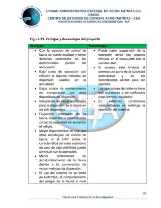 UNIDAD ADMINISTRATIVA ESPECIAL DE AERONAUTICA CIVIL 
UAEAC 
CENTRO DE ESTUDIOS DE CIENCIAS AERONAUTICAS - CEA 
INVESTIGACIONES ACADÉMICAS AERONÁUTICAS - IAA 
 Puede haber suspensión de la 
operación aérea por algunos 
minutos en el aeropuerto con el 
uso del UAV. 
 El sistema está limitado al 
permiso por parte de la autoridad 
aeronáutica y de los 
controladores aéreos para ser 
operado. 
 Los operadores del sistema tiene 
que entrenarse y ser calificados 
para óptimos resultados. 
 En extremas condiciones 
meteorológicas se restringe la 
operación del sistema. 
99 
Figura 23. Ventajas y desventajas del proyecto 
Ventajas: Desventajas: 
 Con la estación de control de 
fauna se puede localizar y tomar 
acciones pertinentes en los 
determinados puntos del 
aeropuerto. 
 Bajo costo de operación con 
relación a algunos métodos de 
dispersión usados en la 
actualidad. 
 Bajos costos de mantenimiento 
en comparación con otros 
dispositivos de dispersión. 
 Integración de varias estrategias 
para la dispersión de la fauna en 
un solo dispositivo. 
 Dispersión controlada de la 
fauna; dispersión a determinadas 
zonas de seguridad sin aumentar 
el peligro. 
 Mayor disponibilidad de uso que 
otras estrategias de control de 
fauna, si el UAV posee la 
característica de vuelo autónomo 
en caso de baja visibilidad puede 
continuar con la operación. 
 Menor probabilidad de 
acostumbramiento de la fauna 
debido a la combinación de 
varios métodos de dispersión. 
 El uso del sistema no se limita 
en Colombia; el comportamiento 
del peligro de la fauna a nivel 
Hacia una Cultura de la Investigación 
 