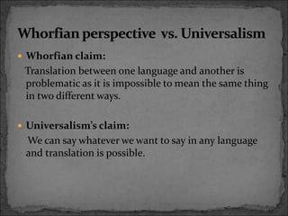  Whorfian claim:
Translation between one language and another is
problematic as it is impossible to mean the same thing
in two different ways.
 Universalism’s claim:
We can say whatever we want to say in any language
and translation is possible.
 