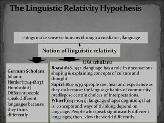 Things make sense to humans through a mediator , language
Notion of linguistic relativity
German Scholars:
Johann
Herder(1744-1803)
Humboldt()
Different people
speak different
languages because
they think
differently.
USA scholars:
Boas(1858-1942):language has a role in unconscious
shaping & explaining concepts of culture and
thought
Sapir(1884-1939):people see ,hear and experience as
they do because the language habits of community
predispose certain choices of interpretations.
Whorf(1897-1941): language shapes cognition; that
is, concepts and ways of thinking depend on
language. People who speak significantly different
languages, then, view the world differently.
 