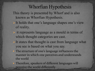 This theory is presented by Whorf and is also
known as Whorfian Hypothesis.
It holds that one’s language shapes one’s view
of reality.
 it represents language as a mould in terms of
which thought categories are cast.
It states that thought is cast from language what
you see is based on what you say.
 The structure of one’s language influences the
manner in which one perceives and understands
the world
 Therefore, speakers of different languages will
perceive the world differently
 