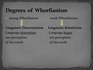  strong Whorfianism weak Whorfianism
Linguistic Determinism Linguistic Relativism
Language determines Language biases
our perception our perception
of the world of the world
 