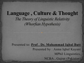 Presented to: Prof . Dr. Muhammad Iqbal Butt
Presented by : Asma Iqbal Kayani
MPhil Linguistics,
NCBA , Gujrat (Pakistan)
 