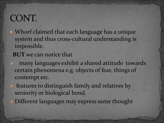  Whorf claimed that each language has a unique
system and thus cross-cultural understanding is
impossible.
BUT we can notice that
 many languages exhibit a shared attitude towards
certain phenomena e.g. objects of fear, things of
contempt etc.
 features to distinguish family and relatives by
seniority or biological bond.
 Different languages may express same thought
 