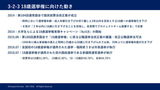 3-2-3 18歳選挙権に向けた動き
©Hiroyuki Kurimoto 2017-2018 All Rights Reserved
2014：第184回通常国会で国⺠投票法改正案が成⽴
→附則において選挙権年齢・成⼈年齢引き下げの切り離しと2年以内を⽬安とする18歳への選挙権引き下げ
→８党が「２年以内に18歳に引き下げることを⽬指し、各党間でプロジェクトチーム設置する」で合意
2014：⼤学⽣らによる18歳選挙権実現キャンペーン「Act18」の開始
2015.06：第186回通常国会で「18歳選挙権」に係る公職選挙法改正案の審議・改正公職選挙法可決
→1945年に婦⼈参政権の導⼊と同時に25歳から20歳に引き下げられて以来、70年ぶりに選挙権年齢が引き下げ
2016.07：全国初の18歳選挙権が適⽤された選挙・福岡県うきは市⻑選挙が執⾏
2016.07：18歳選挙権が適⽤された初の国政選挙である参議院通常選挙が執⾏
→投票率は18歳51.28％、 19歳42.30％、18・19歳計46.78％、全体54.70％
 