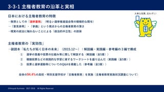 3-3-1 主権者教育の沿⾰と実相
©Hiroyuki Kurimoto 2017-2018 All Rights Reserved
⽇本における主権者教育の特徴
→発想としての「選挙重視」（明るい選挙推進協会等の積極的な関与）
→『意⾒表明』・『参画』という視点からの主権者教育の薄さ
→現実の政治に触れないことによる「政治的中⽴性」の担保
主権者教育の「実効性」
→副読本「私たちが拓く⽇本の未来」（2015.12〜）：解説編・実践編・参考編の３編で構成
① 選挙の意義や投票の仕組み等に関して解説する〈解説編（全5章）〉
② 模擬投票などの実践的な学習に資するワークシートを盛り込んだ〈実践編（全5章）〉
③ 投票と選挙運動等についてのQ&Aを掲載した〈参考編（全3章）〉
全体の94.4%の⾼校・特別⽀援学校が「主権者教育」を実施（主権者教育実施状況調査について）
 