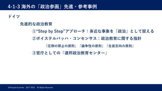 4-1-3 海外の「政治参画」先進・参考事例
©Hiroyuki Kurimoto 2017-2018 All Rights Reserved
ドイツ
先進的な政治教育
①“Step by Step”アプローチ：⾝近な事象を「政治」として捉える
②ボイステルバッハ・コンセンサス：政治教育に関する指針
「圧倒の禁⽌の原則」「論争性の原則」「⽣徒志向の原則」
③官庁としての「連邦政治教育センター」
 