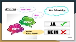 Zum Beispiel (Z.b.)Auch/ oderNotizen
Aber
Gerne!
Kein Problem!
 