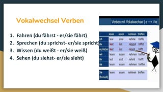 Vokalwechsel Verben
1. Fahren (du fährst - er/sie fährt)
2. Sprechen (du sprichst- er/sie spricht)
3. Wissen (du weißt - er/sie weiß)
4. Sehen (du siehst- er/sie sieht)
 