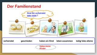 Der Familienstand
verheiratet geschieden haben ein Kind leben zusammen ledig/ lebe alleine
Sind Sie verheiratet
oder nicht ?
haben keine
Kinder
 