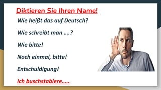 Diktieren Sie Ihren Name!
Wie heißt das auf Deutsch?
Wie schreibt man ….?
Wie bitte!
Noch einmal, bitte!
Entschuldigung!
Ich buschstabiere…..
 