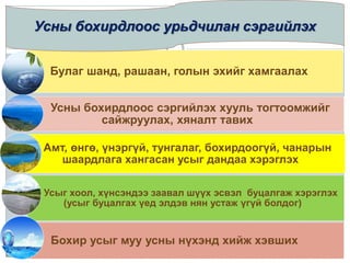 Булаг шанд, рашаан, голын эхийг хамгаалах
Усны бохирдлоос сэргийлэх хууль тогтоомжийг
сайжруулах, хяналт тавих
Амт, өнгө, үнэргүй, тунгалаг, бохирдоогүй, чанарын
шаардлага хангасан усыг дандаа хэрэглэх
Усыг хоол, хүнсэндээ заавал шүүх эсвэл буцалгаж хэрэглэх
(усыг буцалгах үед элдэв нян устаж үгүй болдог)
Бохир усыг муу усны нүхэнд хийж хэвших
Усны бохирдлоос урьдчилан сэргийлэх
 