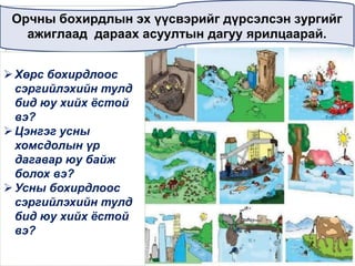Орчны бохирдлын эх үүсвэрийг дүрсэлсэн зургийг
ажиглаад дараах асуултын дагуу ярилцаарай.
Хөрс бохирдлоос
сэргийлэхийн тулд
бид юу хийх ёстой
вэ?
Цэнгэг усны
хомсдолын үр
дагавар юу байж
болох вэ?
Усны бохирдлоос
сэргийлэхийн тулд
бид юу хийх ёстой
вэ?
 