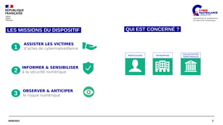 2
18/06/2021
QUI EST CONCERNÉ ?
ASSISTER LES VICTIMES
d’actes de cybermalveillance
INFORMER & SENSIBILISER
à la sécurité numérique
OBSERVER & ANTICIPER
le risque numérique
LES MISSIONS DU DISPOSITIF
1
2
3
 