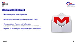 8
18/06/2021
LE PIRATAGE DE COMPTE 
●
Menace majeure et en expansion
●
Messageries, réseaux sociaux et banques visés
●
Cause majeure d’autres malveillances
(Usurpation d’identité, fraude bancaire ou au virement…)
●
Impacts de plus en plus importants pour les victimes
 