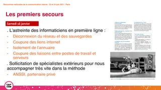 Rencontres nationales de la communication interne • 23 et 24 juin 2021 • Paris
Rencontres nationales de la communication interne • 23 et 24 juin 2021 • Paris
Les premiers secours
Samedi 16 janvier
. L’astreinte des informaticiens en première ligne :
- Déconnexion du réseau et des sauvegardes
- Coupure des liens internet
- Isolement de l’annuaire
- Coupure des liaisons entre postes de travail et
serveurs
. Sollicitation de spécialistes extérieurs pour nous
accompagner très vite dans la méthode
- ANSSI, partenaire privé
 