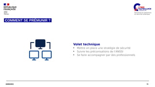 11
18/06/2021
Volet technique
●
Mettre en place une stratégie de sécurité
●
Suivre les préconisations de l’ANSSI
●
Se faire accompagner par des professionnels
COMMENT SE PRÉMUNIR ?
 