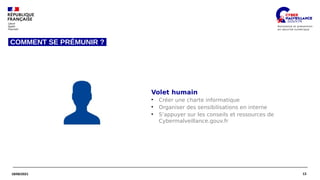 13
18/06/2021
Volet humain
●
Créer une charte informatique
●
Organiser des sensibilisations en interne
●
S’appuyer sur les conseils et ressources de
Cybermalveillance.gouv.fr
COMMENT SE PRÉMUNIR ?
 