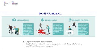 SANS OUBLIER...
●
La préservation des données,
●
L
’optimisation sécurisée des programmes et des plateformes,
●
La différentiation des usages.
 
