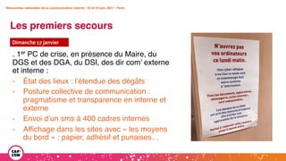 Rencontres nationales de la communication interne • 23 et 24 juin 2021 • Paris
Rencontres nationales de la communication interne • 23 et 24 juin 2021 • Paris
Les premiers secours
Dimanche 17 janvier
. 1er PC de crise, en présence du Maire, du
DGS et des DGA, du DSI, des dir com’ externe
et interne :
- État des lieux : l’étendue des dégâts
- Posture collective de communication :
pragmatisme et transparence en interne et
externe
- Envoi d’un sms à 400 cadres internes
- Affichage dans les sites avec « les moyens
du bord » : papier, adhésif et punaises…
 