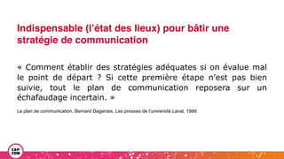 Indispensable (l’état des lieux) pour bâtir une
stratégie de communication
« Comment établir des stratégies adéquates si on évalue mal
le point de départ ? Si cette première étape n’est pas bien
suivie, tout le plan de communication reposera sur un
échafaudage incertain. »
Le plan de communication, Bernard Dagenais, Les presses de l’université Laval, 1999
 